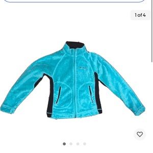 COLUMBIA YOUTH GIRLS FLEECE JACKET TEAL BLACK SIZE 10/12 USED POLYESTER